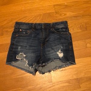 Dark wash high wasted distressed denim shorts